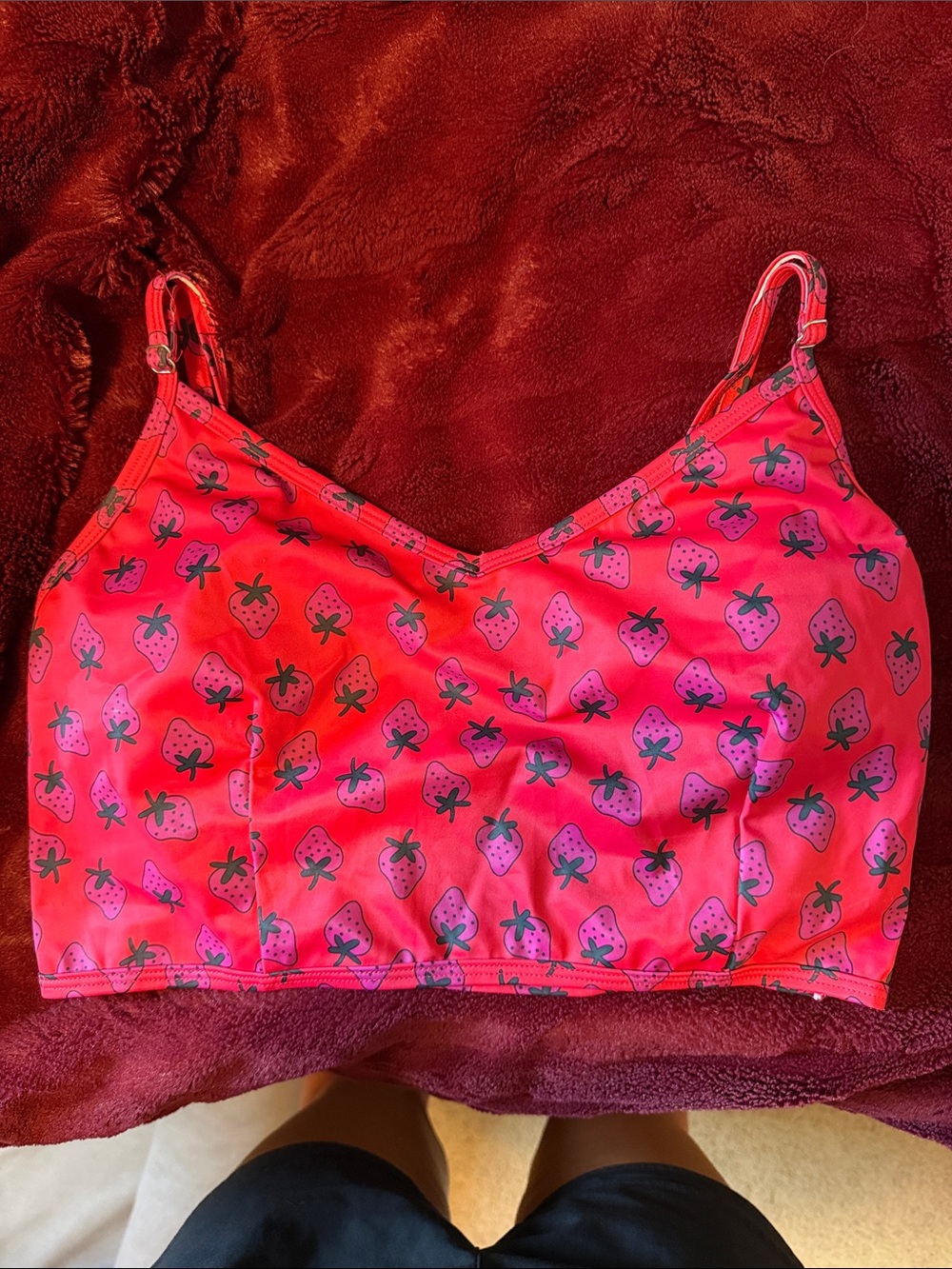 Kortni Jeane- Pink Strawberry Print v’d swim crop